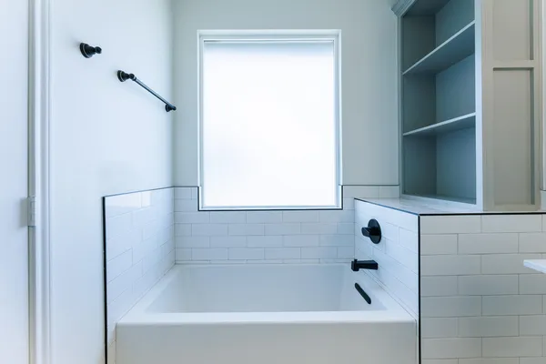 a bathroom with a bathtub