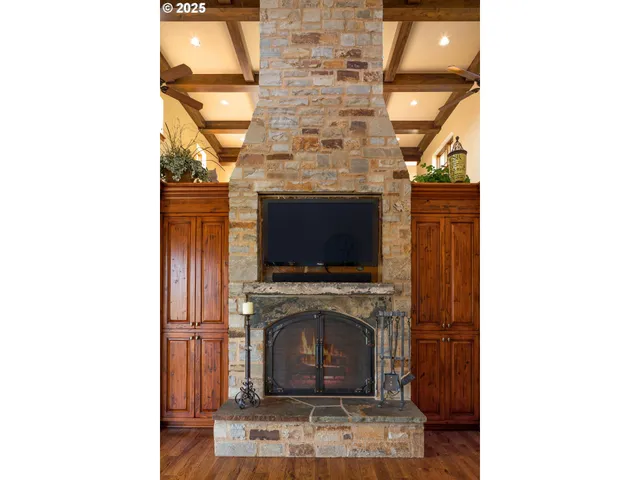 a living room with a fireplace and a rug