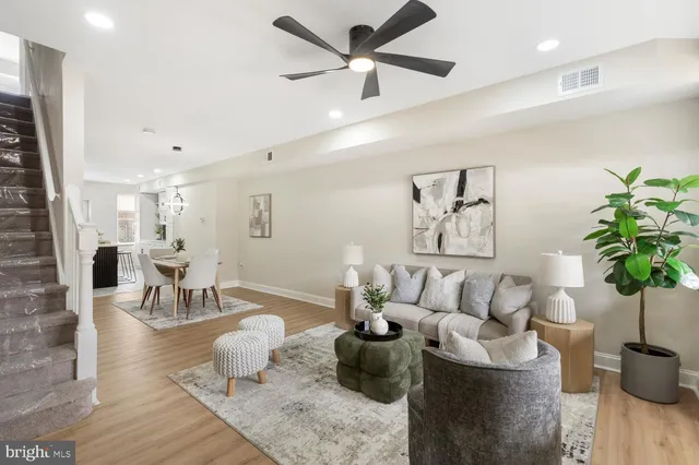a living room with furniture potted plant and a ceiling fan