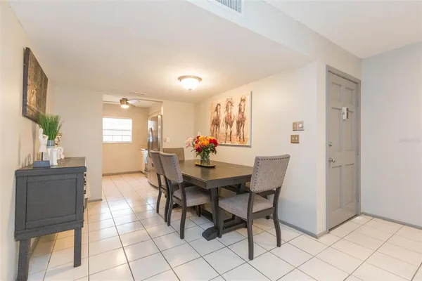 a view of a dining room with furniture
