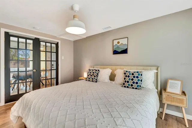 a bed sitting in a bedroom next to a large window