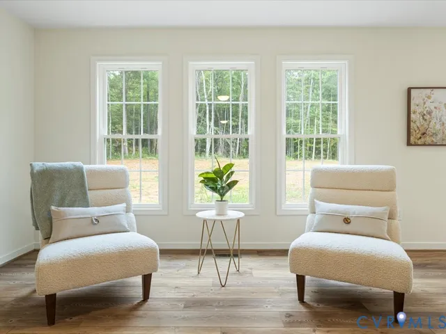 a living room with furniture and a lamp