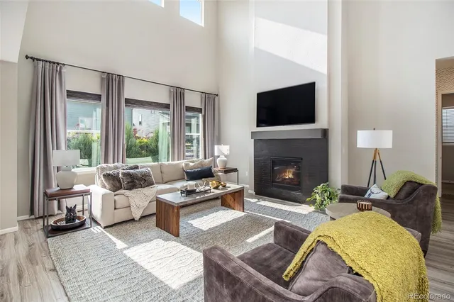 a living room with furniture a flat screen tv and a fireplace