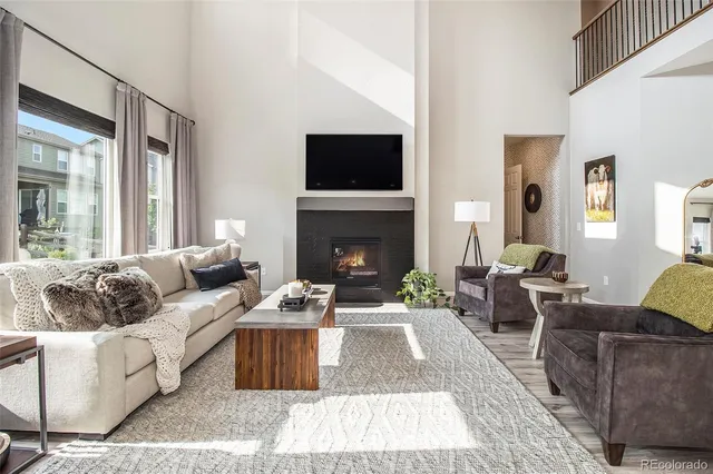 a living room with furniture a flat screen tv and a fireplace