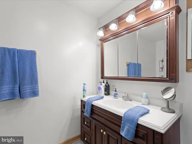a bathroom with a sink vanity and a mirror