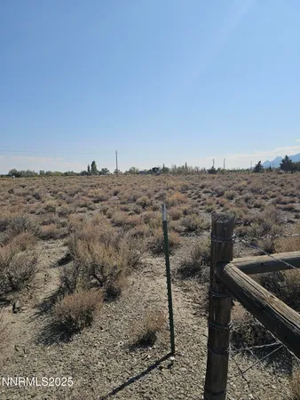 a view of a dry yard with wooden fence