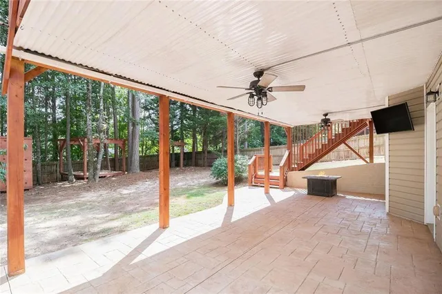 a view of a porch and garden
