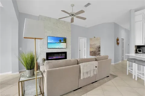 a living room with furniture a fireplace and a potted plant