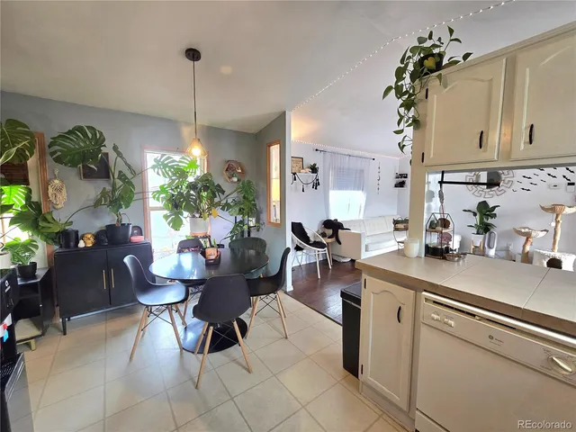 a living room with furniture a dining table and a potted plant
