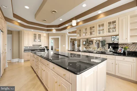 a living room with couches a fireplace and kitchen view