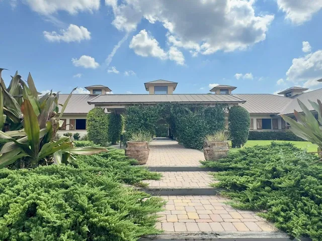 a view of a house with a yard and potted plants