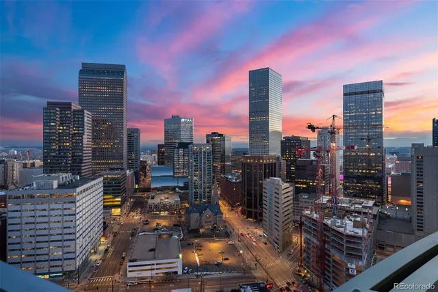 a city view with tall buildings