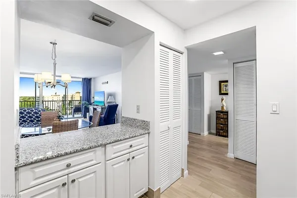 a view of a kitchen counter space and wooden floor