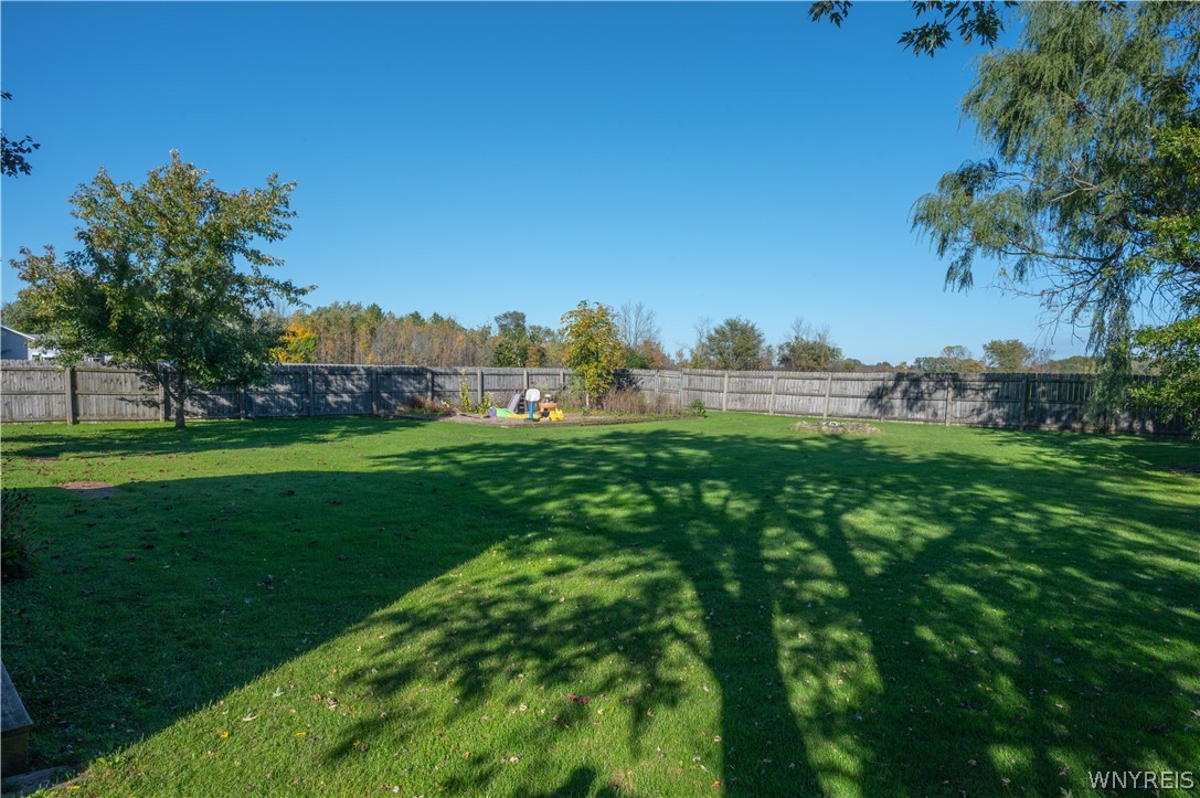 6463 Ward Road Sanborn, NY 14132 - Photo 4 of 49 Mature trees shade a massive level lawn completely enclosed by wooden privacy fencing.