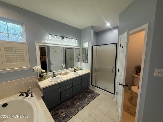 a bathroom with a double vanity sink mirror and shower