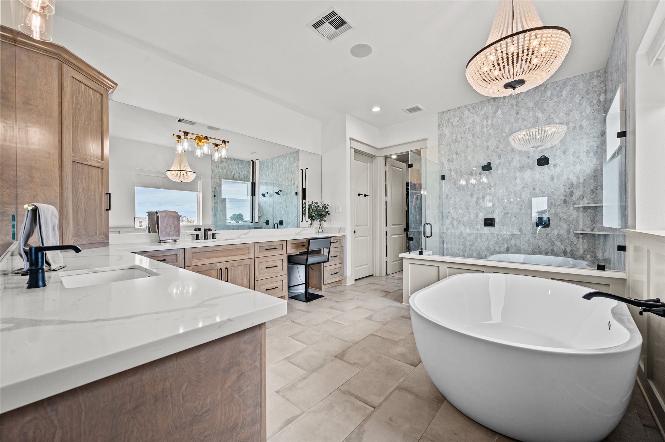 14923 Old Irish Farm Road Baytown, TX 77523 - Photo 20 of 50 Ensuite primary bathroom with a double shower and 71" freestanding bathtub