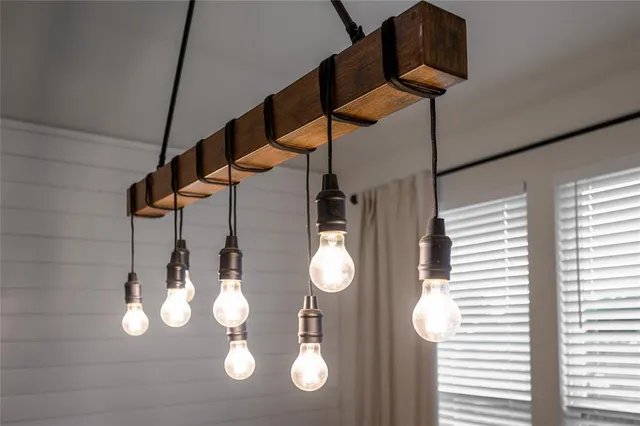 a kitchen with a chandelier
