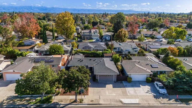 an aerial view of a house with a yard and potted plants
