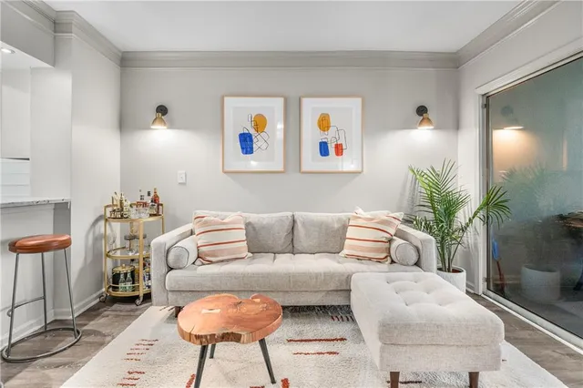 a living room with furniture and a potted plant