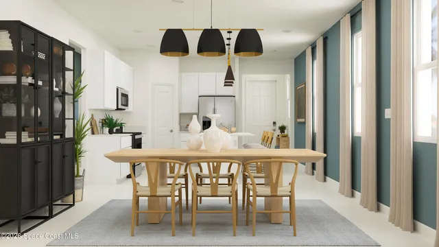 a dining room with furniture and window