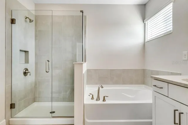 a bathroom with a bathtub and a shower