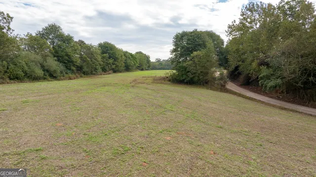 a view of a field with trees in background
