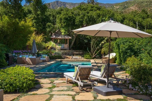 a view of a backyard with plants and a patio
