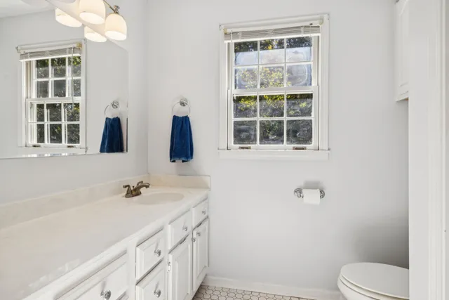a bathroom with a sink a toilet and a mirror