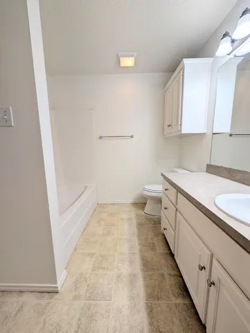 a bathroom with a sink a toilet and vanity