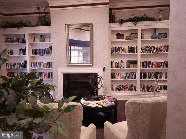 a dining room with furniture a bookshelf and a fireplace