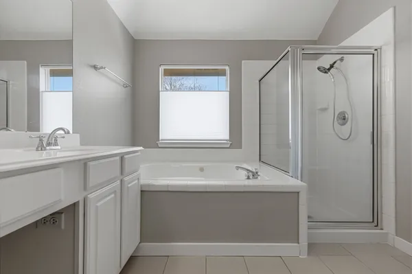 a bathroom with a sink a mirror and a shower