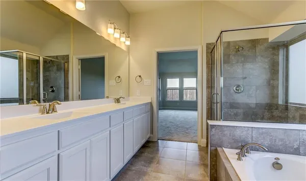a bathroom with a tub sink shower and mirror