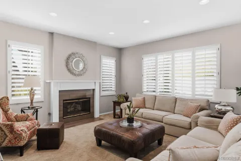 a living room with furniture a window and a fireplace