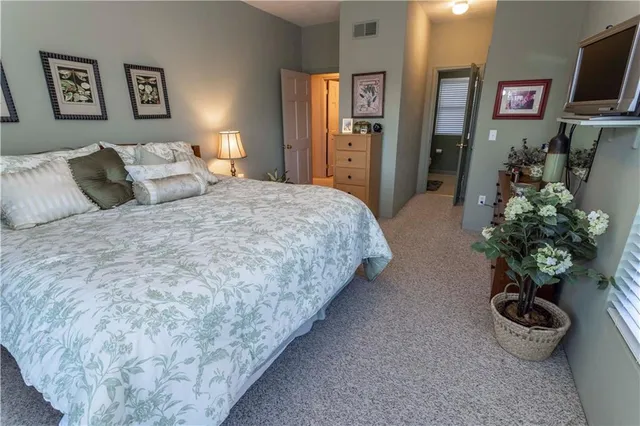 a spacious bedroom with bed and a potted plant