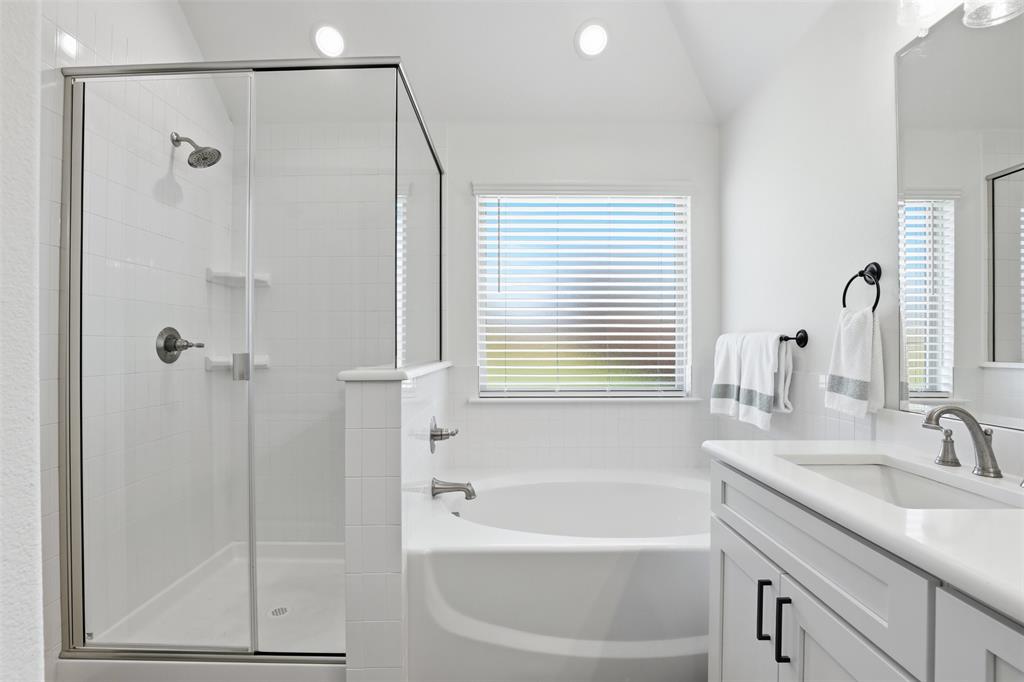 1101 Springfield Road Springtown, TX 76082 - Photo 19 of 32 a bathroom with a granite countertop sink a mirror a shower and a bathtub