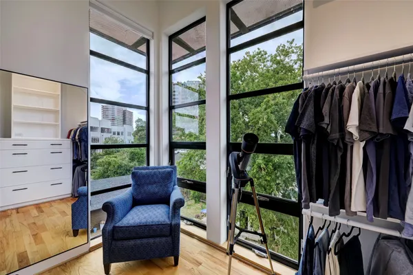 a building outdoor space with seating