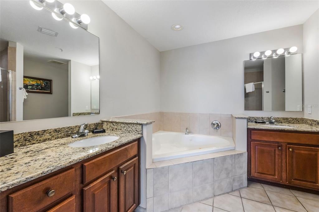 8774 Worldquest Boulevard, Unit 7404 Orlando, FL 32821 - Photo 24 of 55 a bathroom with a granite countertop sink a large mirror and a bathtub