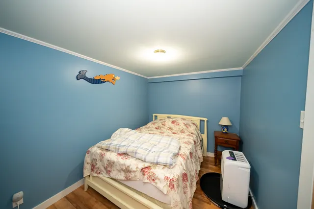 a bedroom with a bed and storage