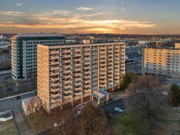 a view of a city with tall buildings