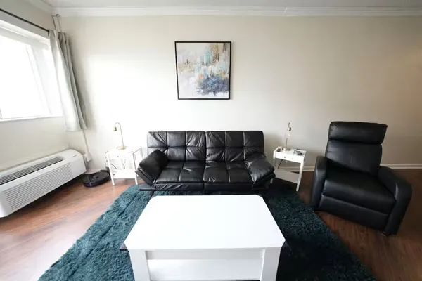 a living room with furniture and a rug