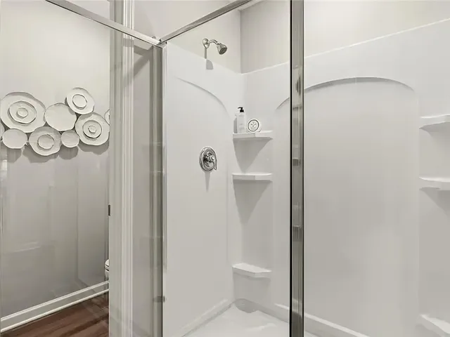 a bathroom with a shower and a toilet