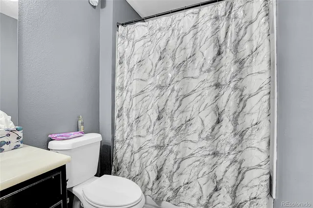 a white toilet sitting next to a shower curtain