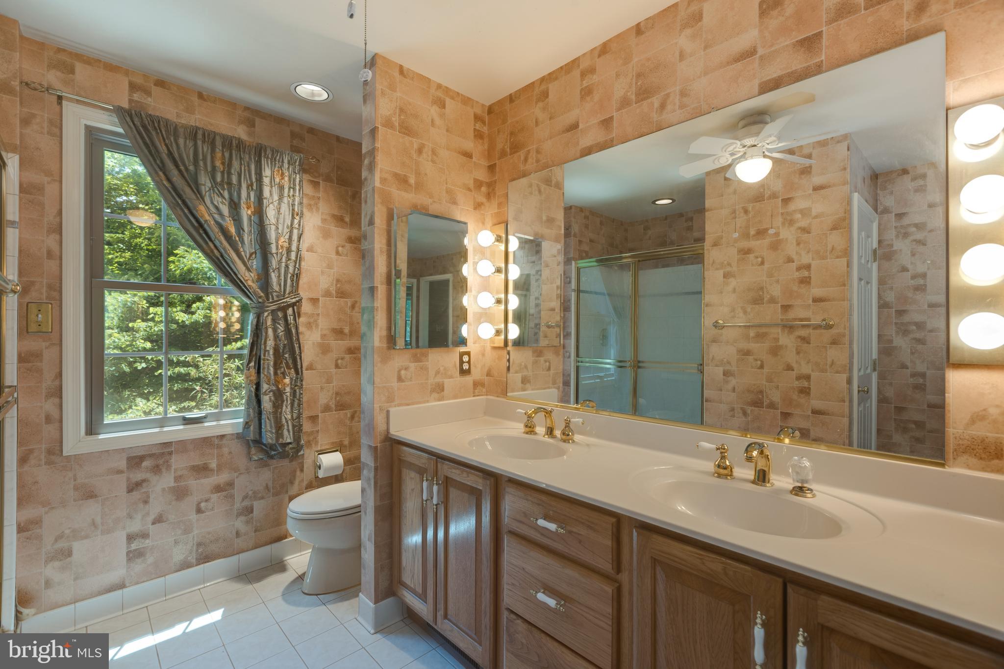 11821 Riders Lane Reston, VA 20191 - Photo 29 of 44 a bathroom with a double vanity sink a toilet and a large mirror