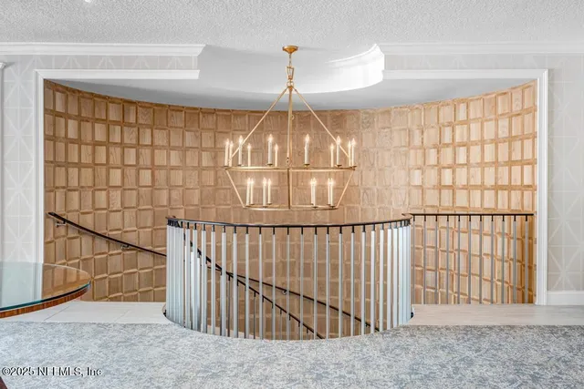 a view of a chandelier in a room