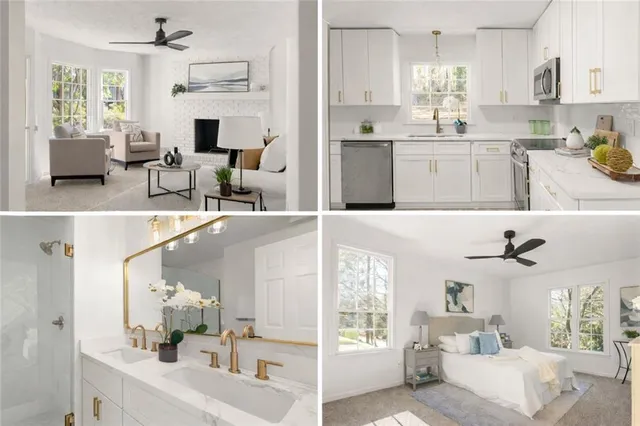 a kitchen with kitchen island white cabinets and appliances