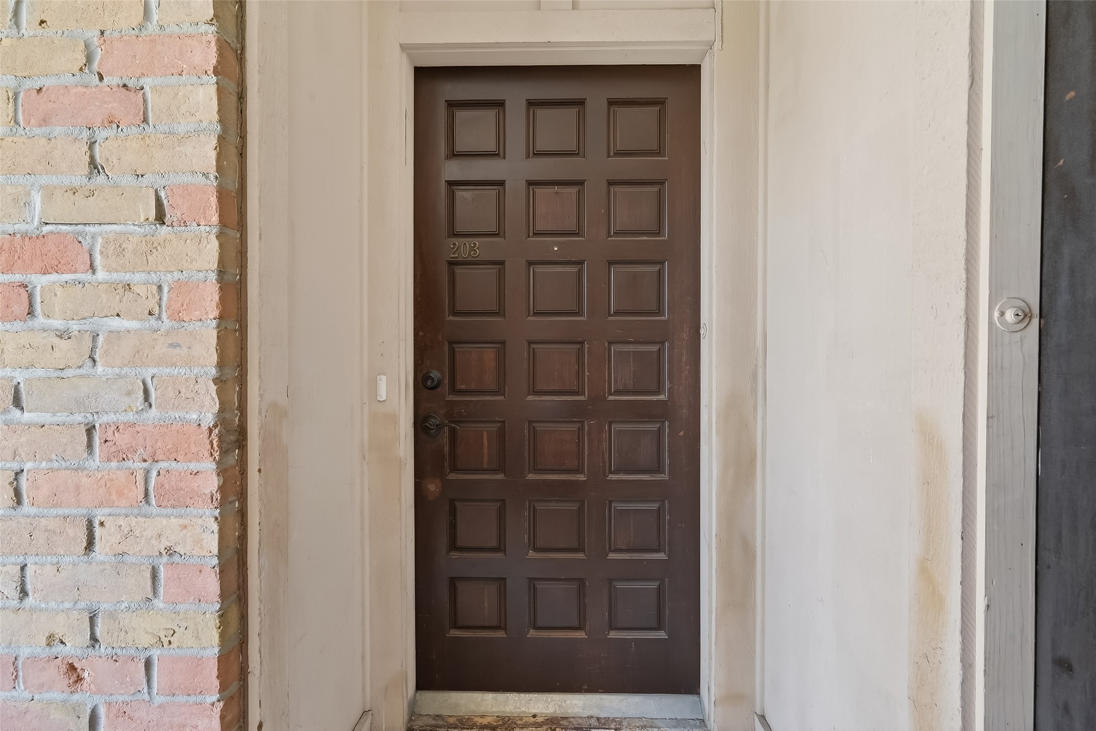 2516 Commonwealth Street, Unit 203 Houston, TX 77006 - Photo 4 of 16 The solid wood front door creates a warm and inviting entrance, complemented by classic detailing and a sheltered walkway that adds charm and character to the entry.