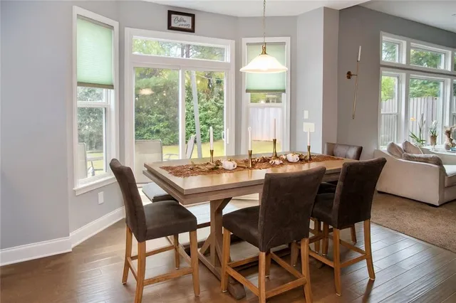 a view of a dining room with furniture and wooden floor