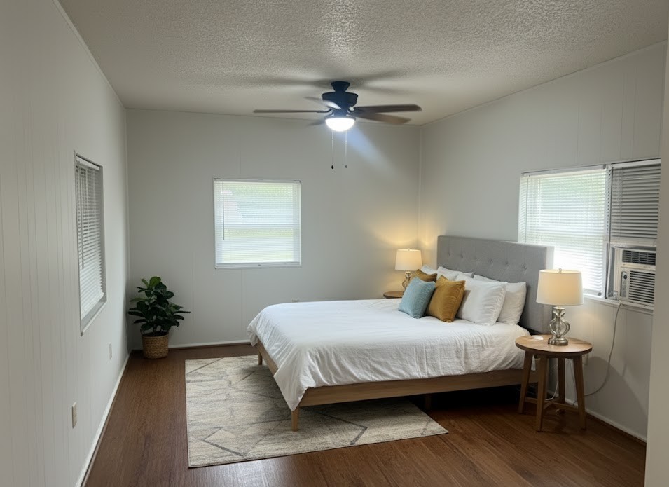 12123 Alpha Lane, Unit 1 Houston, TX 77072 - Photo 2 of 6 a bedroom with a bed lamp and a potted plant