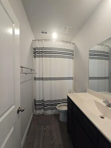 a bathroom with a sink a toilet a shower and vanity