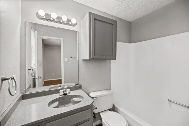 a bathroom with a sink toilet and mirror